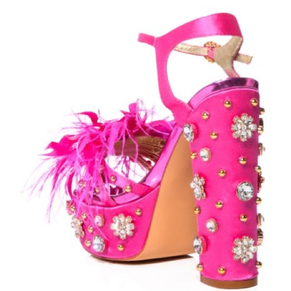 Hot Pink Feather Embellished Platform Heels - Women - Picture 2 of 5